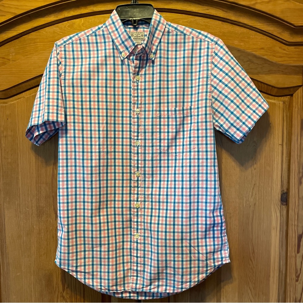 Men's Small J. Crew Short Sleeve Shirt Cotton Pink Blue Check Button Down
